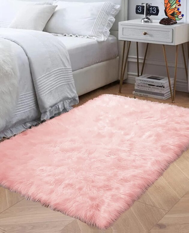 Goolela Pink Rugs for Bedroom Girls Washable Faux Fur Rug