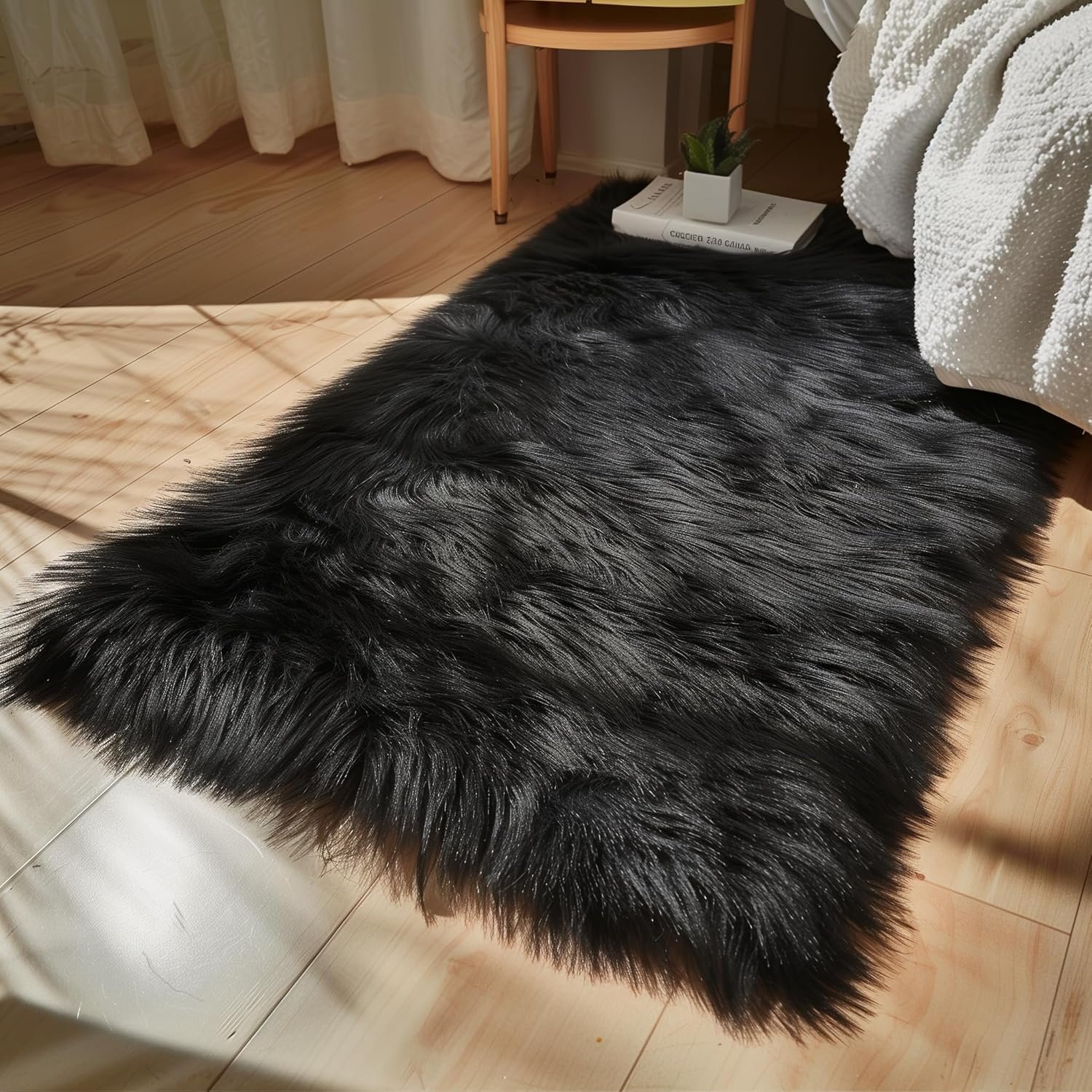 Goolela Black Rug Washable Rugs Plush Faux Fur Rug