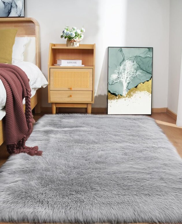 Goolela Bedside Grey Rug Washable Faux Fur Soft Fluffy