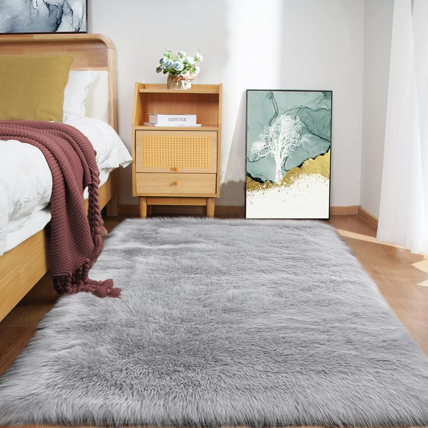 Goolela Bedside Grey Rug Washable Faux Fur Soft Fluffy