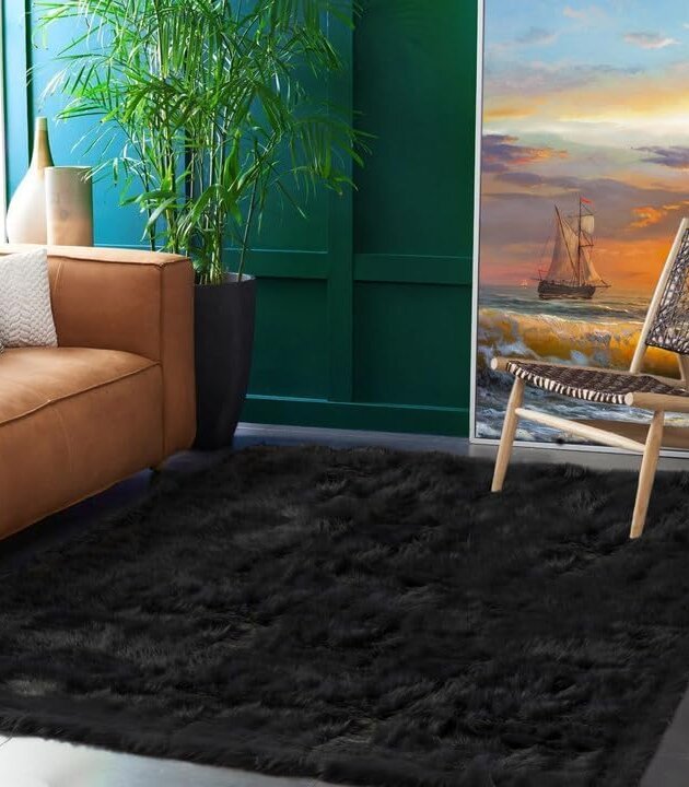Goolela Black Faux Sheepskin Fur Rug for Bedroom and Living Room