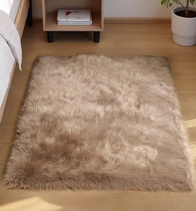 Goolela Faux Sheepskin Fur Rug for Bedroom Light Brown Beige
