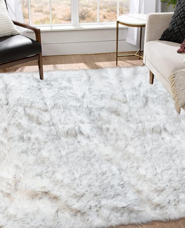 Goolela Faux Fur Area Rug Washable White & Grey Tips