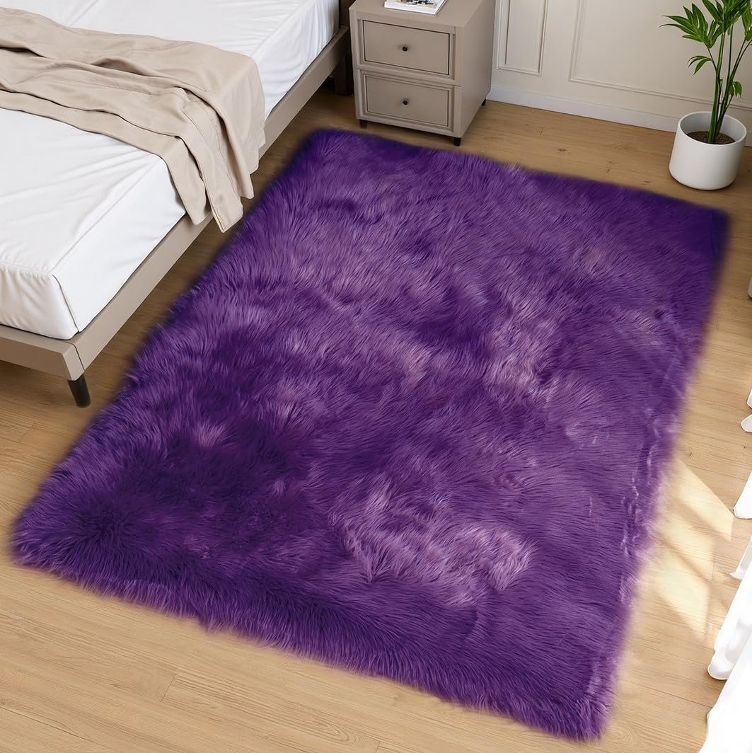 Goolela Purple Fluffy Fuzzy Furry Rug Faux Fur Area Rug for Bedroom