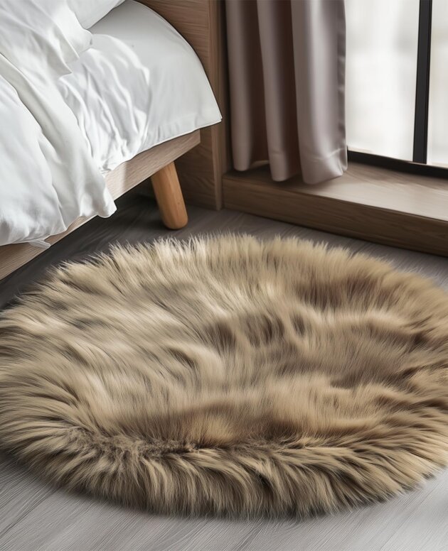 Goolela Round Rug 4ft Beige Fluffy Shag Washable Faux Fur