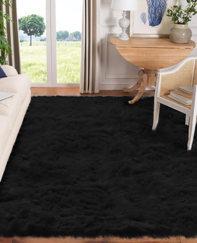 Goolela Black Area Washable Shag Faux Fur Fluffy Plush Rug