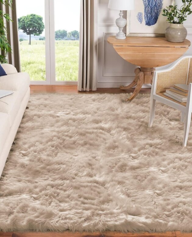 Goolela Beige Faux Fur Fluffy Rug Light Brown Shag