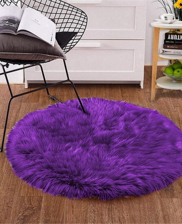 Goolela Circle Rug 4ft Purple Fluffy Round Washable Faux Fur
