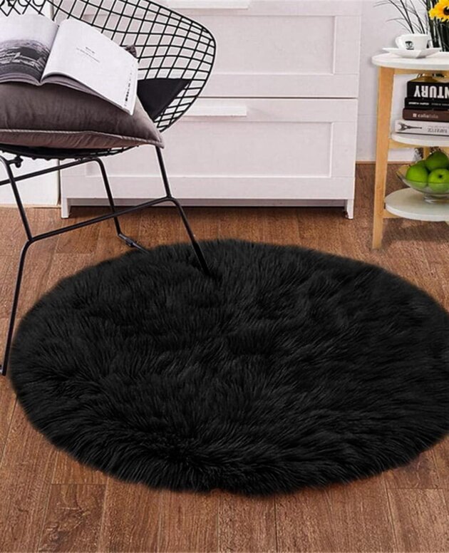 Goolela Black Round Area Rug 3ft Fluffy Fuzzy Shag Rug Washable